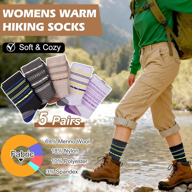SEEKSOCK Store 5 Pairs Womens Merino Wool Hiking Socks Winter Warm Crew Moisture Wicking Thick Cushioned Striped Boot Socks - Image 5